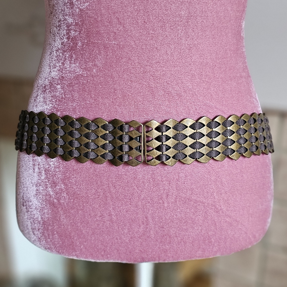 Unisex Solid Brass and Fabric Stretch Belt. Biker Belt. Brass Belt. Army Belt.